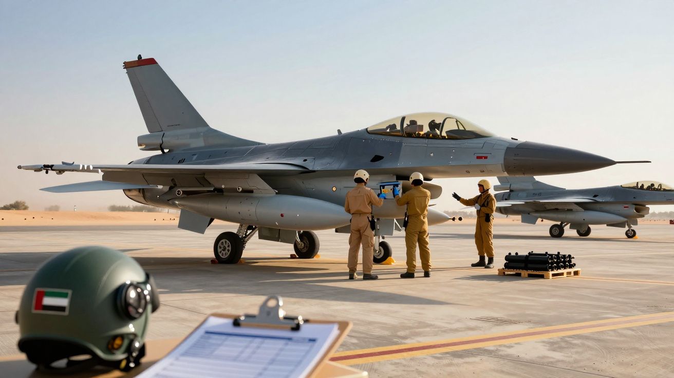 Três militares preparam jato de combate F-16 numa pista com capacete e ficha em primeiro plano.