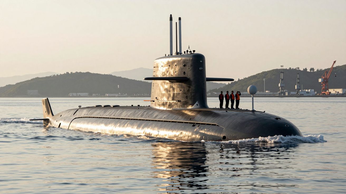 Submarino preto na superfície da água com quatro tripulantes em cima e terra ao fundo.