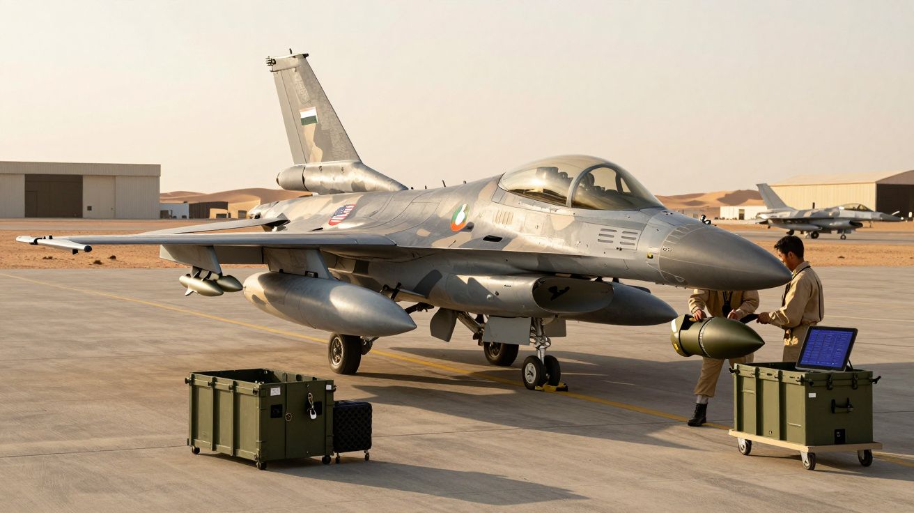 Caça F-16 no solo com dois militares em uniforme a preparar equipamento sob luz do pôr do sol.