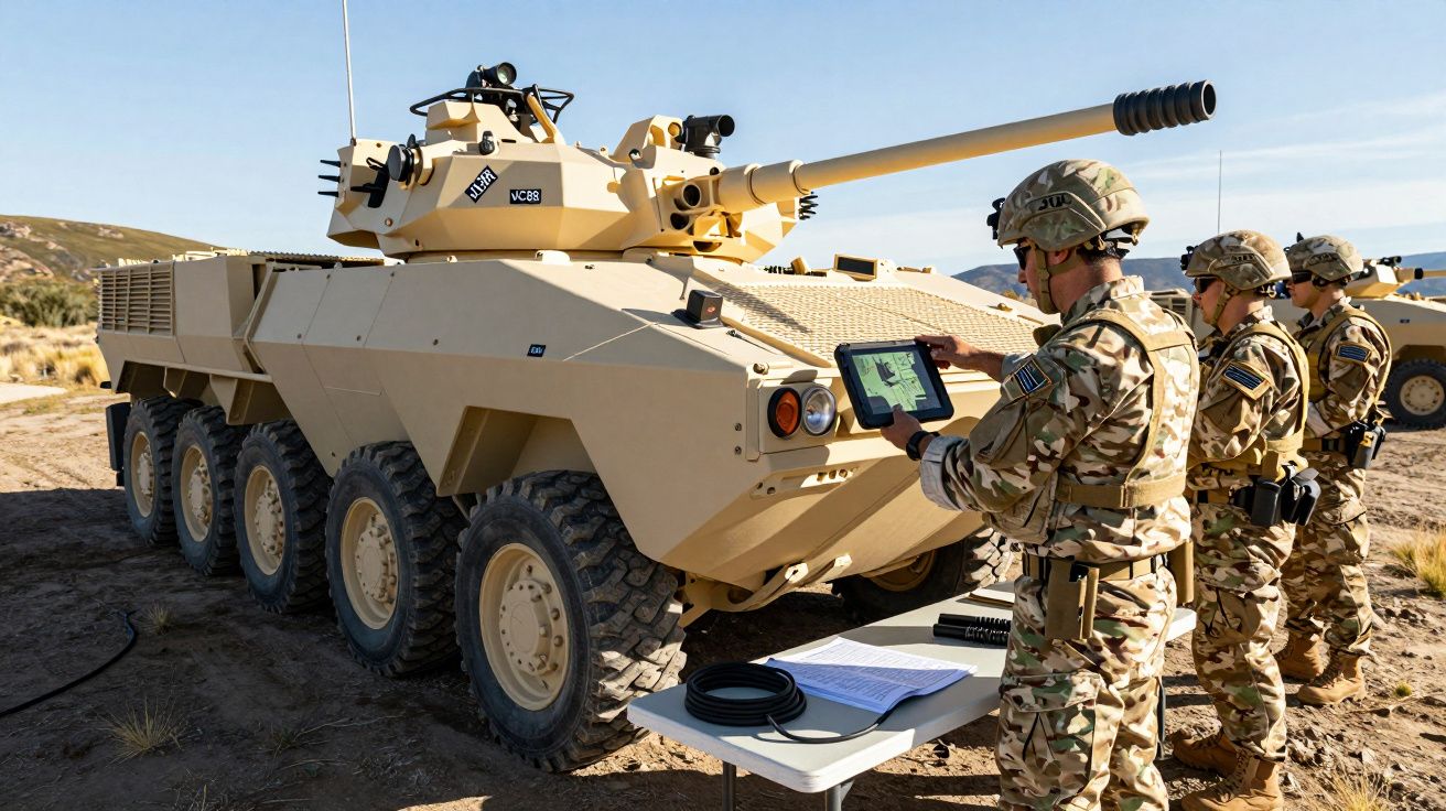 Soldados em uniformes camuflados operam um veículo blindado militar desértico durante exercícios ao ar livre.