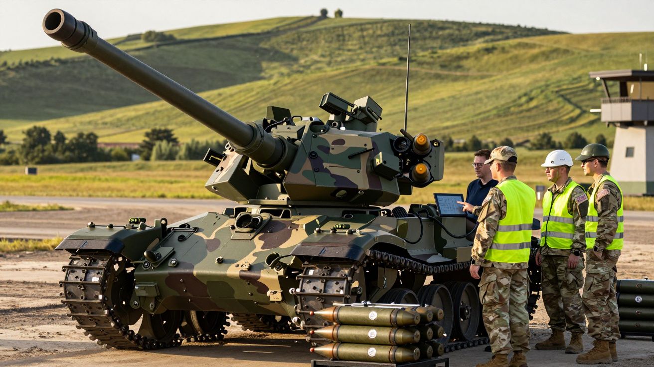 Soldados em coletes refletivos analisam tanque militar camuflado numa base rodeada por colinas verdes.