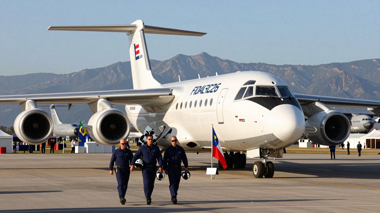 Avião militar branco em pista com três tripulantes de uniforme azul a caminhar à frente, montanhas ao fundo.