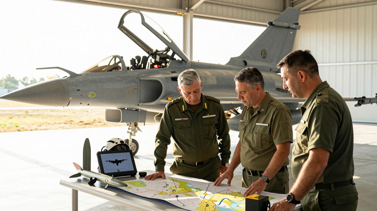 Três militares em uniforme analisam um mapa numa mesa, com um avião de combate ao fundo numa hangar.