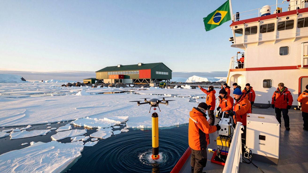 Equipa em traje laranja numa embarcação junto a plataforma de gelo com drone a sobrevoar água congelada na Antártida.