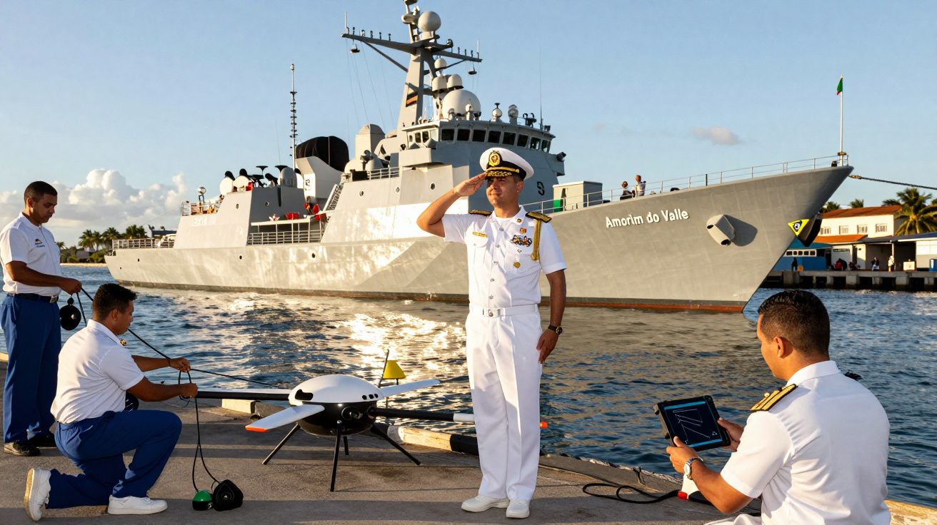 Militares em uniforme branco junto a drone e navio de guerra chamado "Amorim do Valle" atracado no cais.