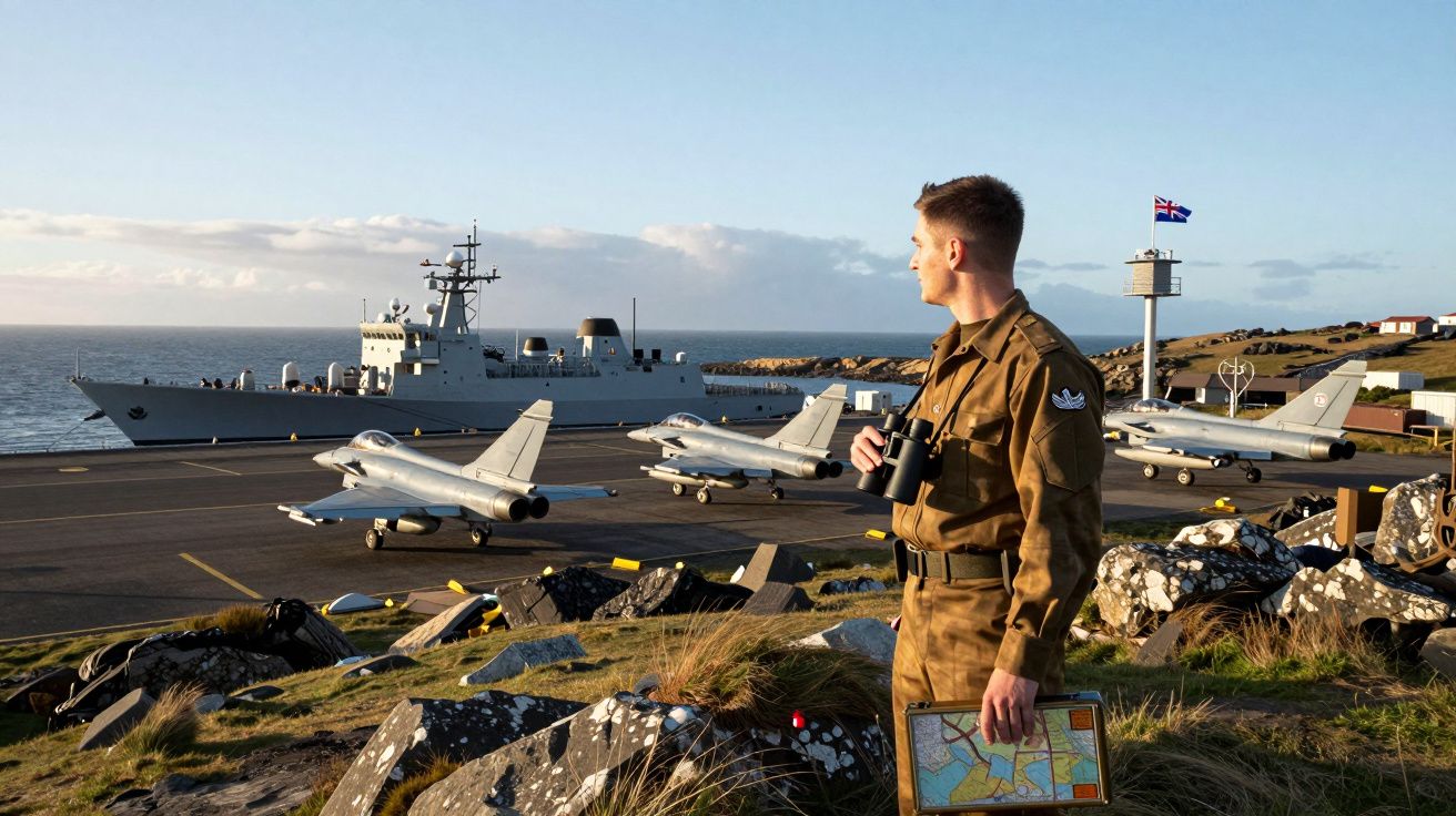 Militar com binóculos e mapa observa três aviões de caça e um navio de guerra num cais costeiro ao pôr do sol.
