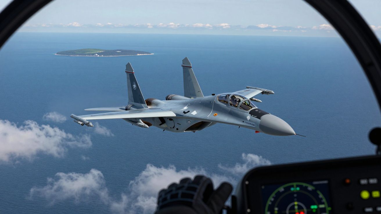 Caça militar cinzento a sobrevoar o mar com ilha ao fundo, visto do cockpit de outra aeronave.