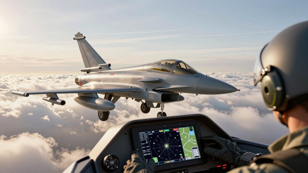 Caça militar visto de outro avião com piloto e radar em voo acima das nuvens ao pôr do sol.