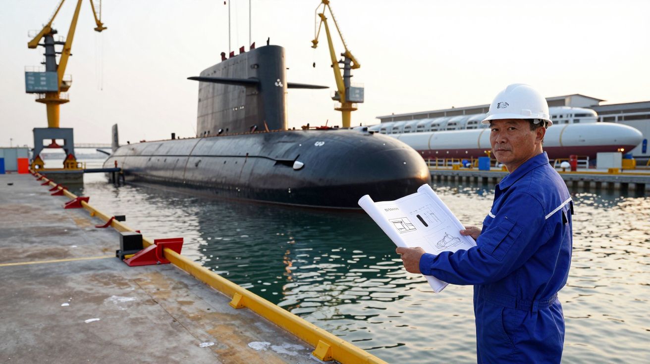 Homem de capacete e fato azul junto a um submarino preto atracado num estaleiro naval com guindastes ao fundo.