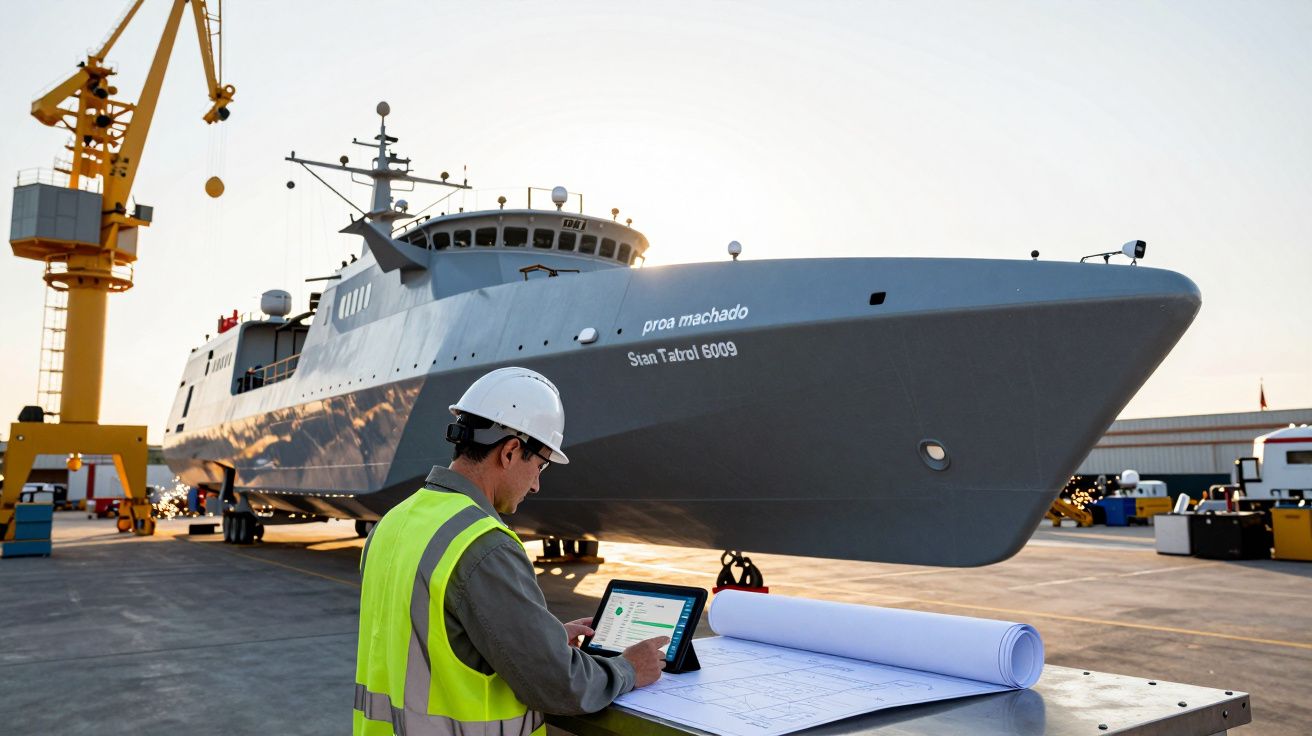 Engenheiro com colete e capacete verifica planos num tablet junto a grande navio cinzento no cais industrial.