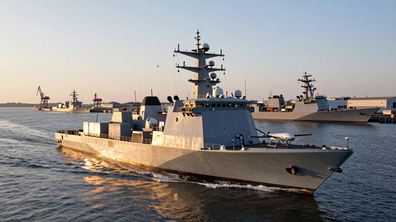 Navio militar cinzento a navegar em águas calmas durante o pôr do sol num porto com outros navios.