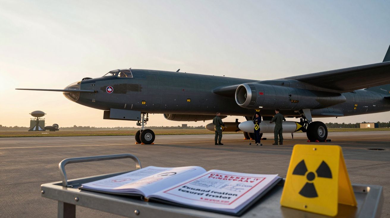 Avião militar negro numa pista ao pôr do sol com tripulação e sinal de radiação dianteiro.