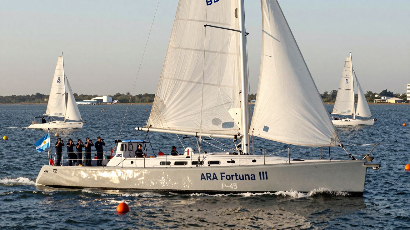 Veleiro ARA Fortuna III com tripulação a bordo navegando num dia calmo com outros veleiros ao fundo.