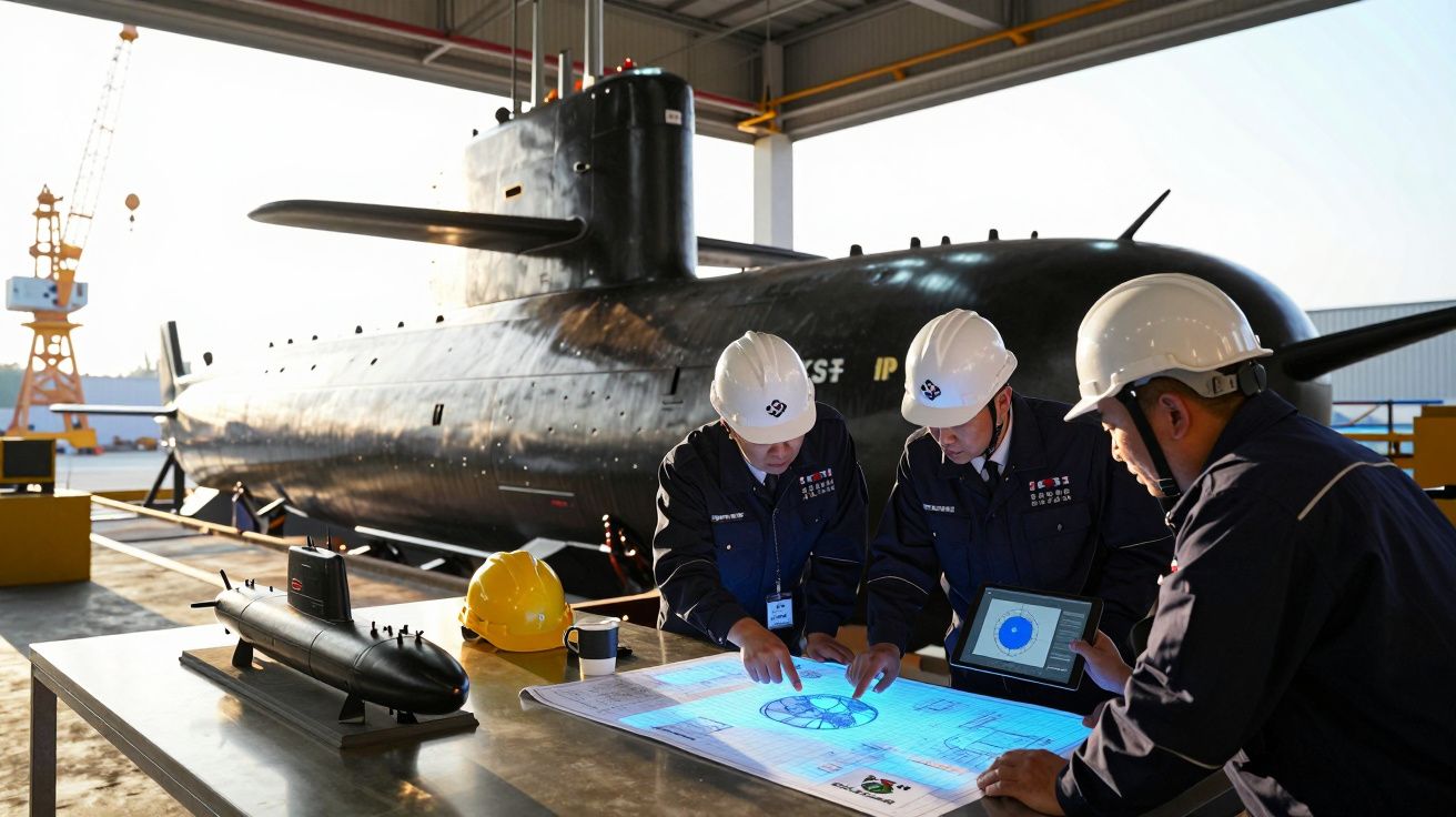 Três engenheiros com capacetes analisam planos digitais numa mesa diante de um grande submarino numa doca coberta.
