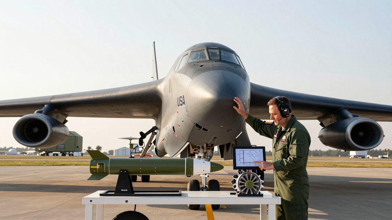 Homem em uniforme militar junto a bombardeiro e equipamento militar sobre mesa ao ar livre.