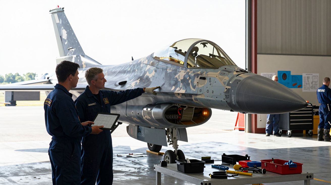 Dois técnicos em macacão azul inspecionam um caça F-16 numa oficina com ferramentas numa mesa ao lado.