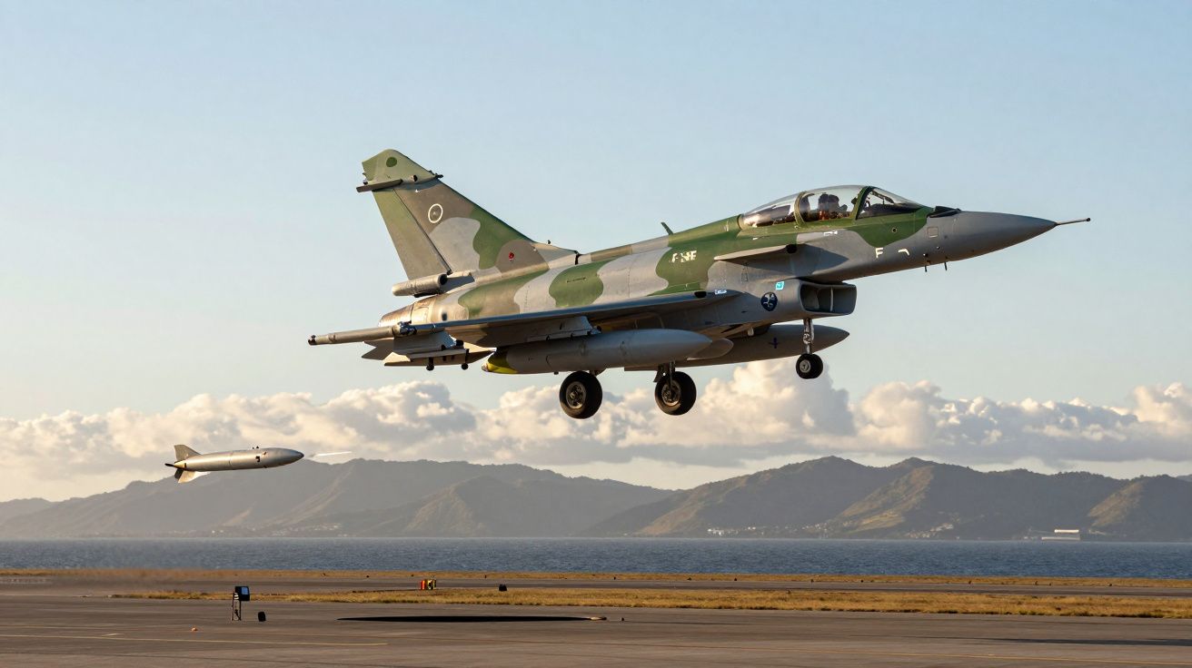 Avião militar de combate camuflado a descolar com míssil lançado ao lado, mar e montanhas ao fundo.