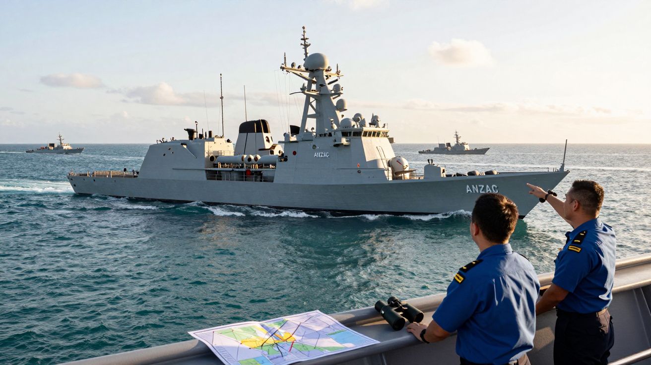 Dois marinheiros observam navios de guerra no mar ao pôr do sol, com mapa e binóculos à frente.