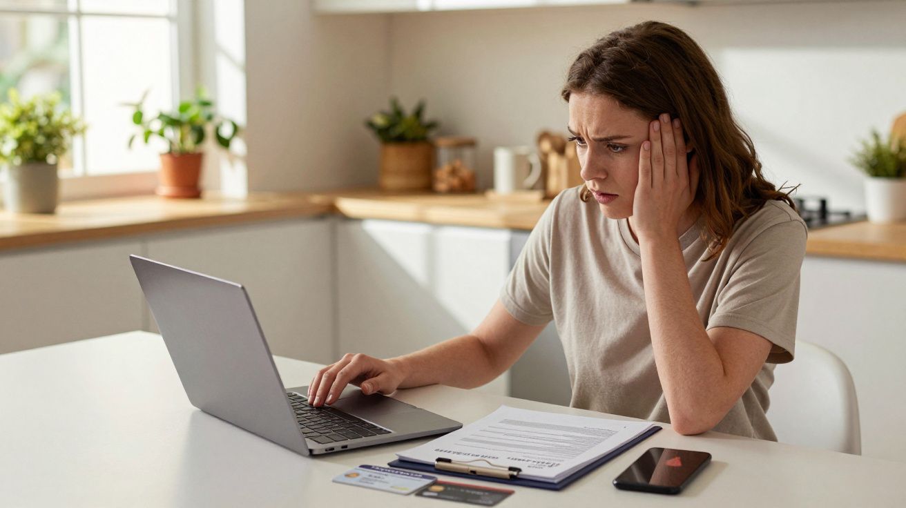 Mulher preocupada a consultar laptop, com documentos e cartão de crédito numa mesa branca numa cozinha.