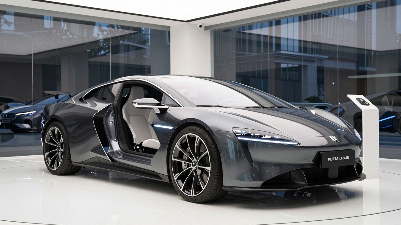 Carro desportivo cinza com design aerodinâmico e portas abertas, exibido numa showroom moderna.