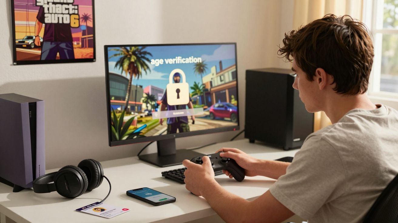 Jovem sentado numa secretária a jogar videojogos, com comando na mão e ecrã a pedir verificação de idade.