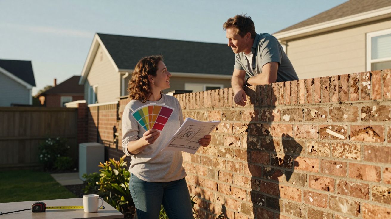 Mulher com amostras de cor e planta de casa conversa com homem encostado num muro de tijolos ao ar livre.