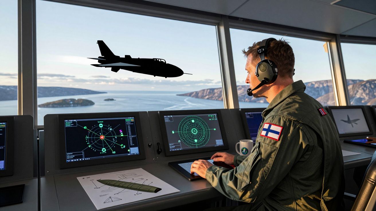 Operador em torre de controlo observa radar com aeronave militar a sobrevoar paisagem marítima.