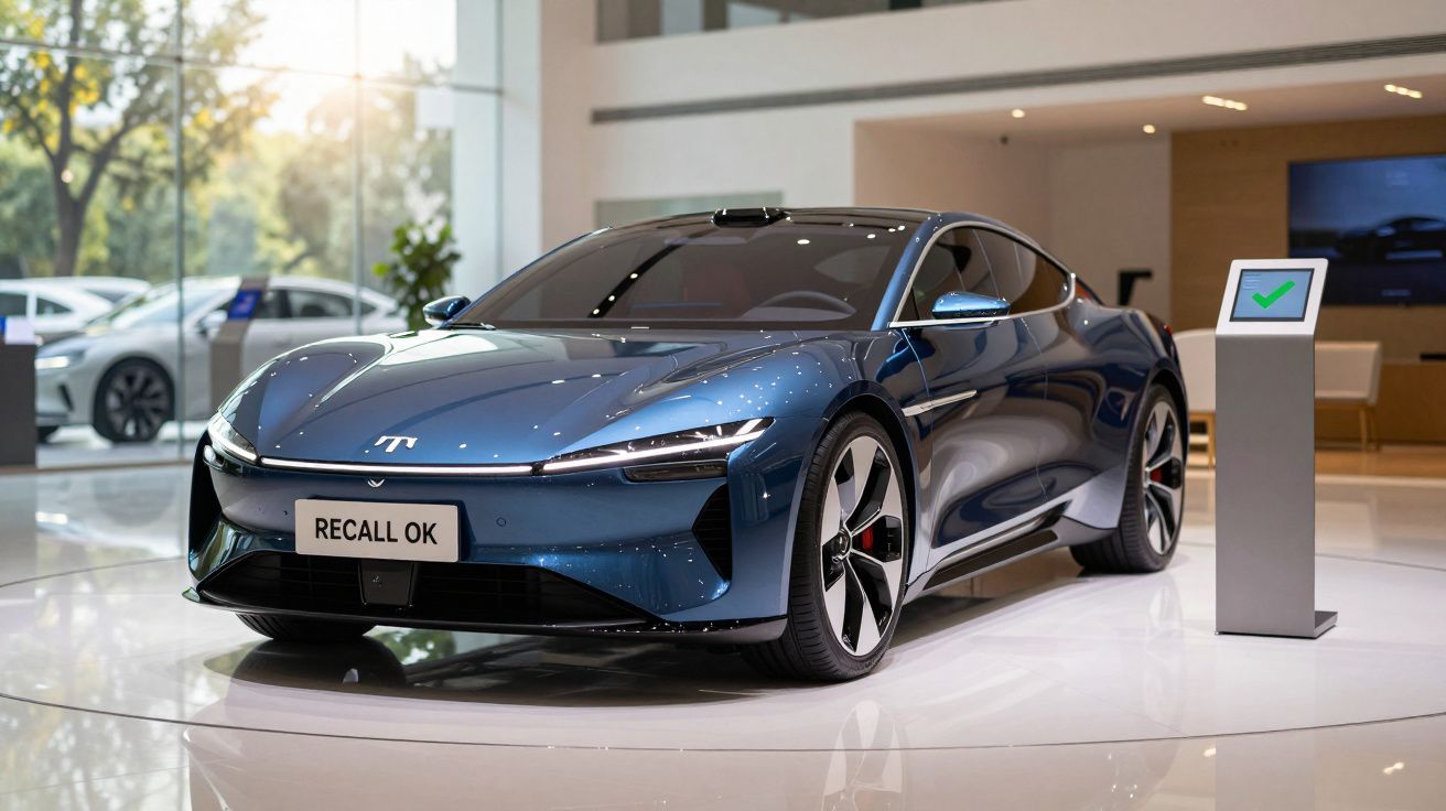 Carro desportivo elétrico azul em exposição numa sala moderna com luz natural e um ecrã de controlo ao lado.