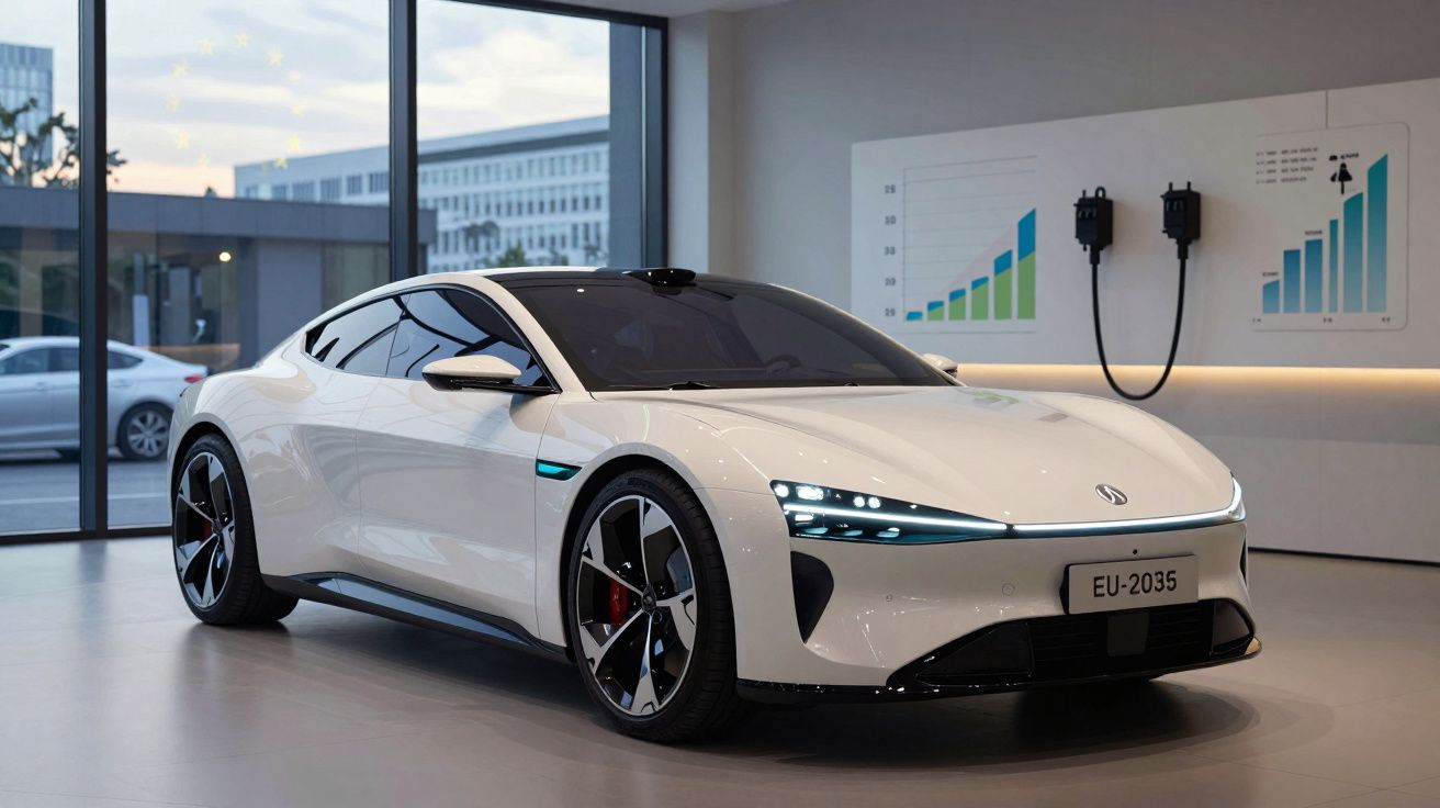 Carro elétrico branco e moderno estacionado numa sala de exposição com gráficos de carregamento na parede.