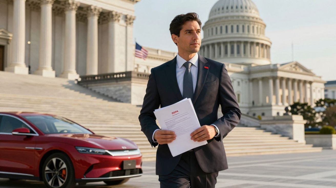 Homem de fato azul escuro segura documentos em frente ao Capitólio dos EUA com carro vermelho estacionado.