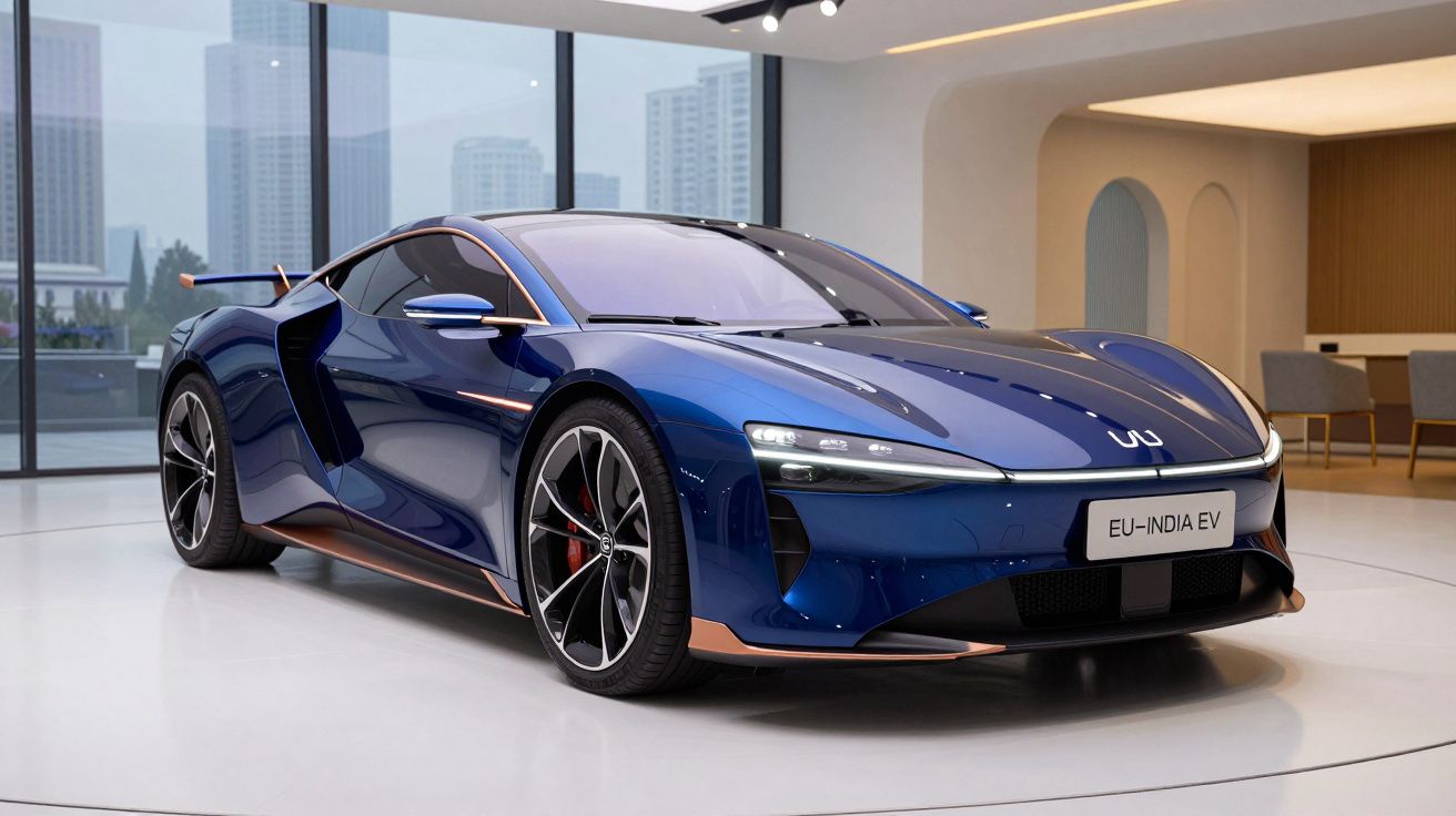 Carro desportivo elétrico azul brilhante em showroom moderno com grandes janelas e vista urbana.