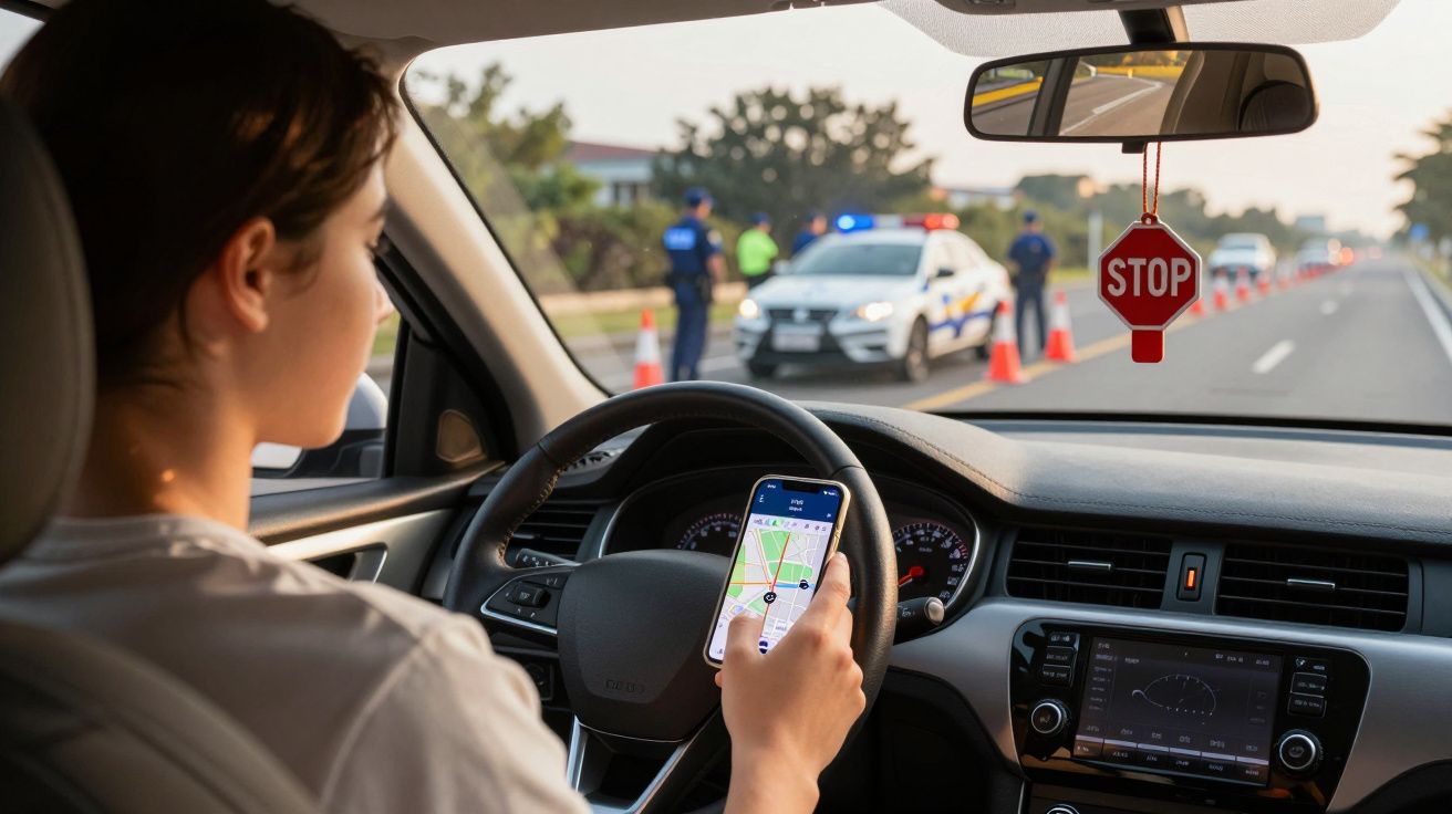 Motorista mulher usa telemóvel com GPS enquanto polícia realiza controlo de trânsito à frente da viatura.