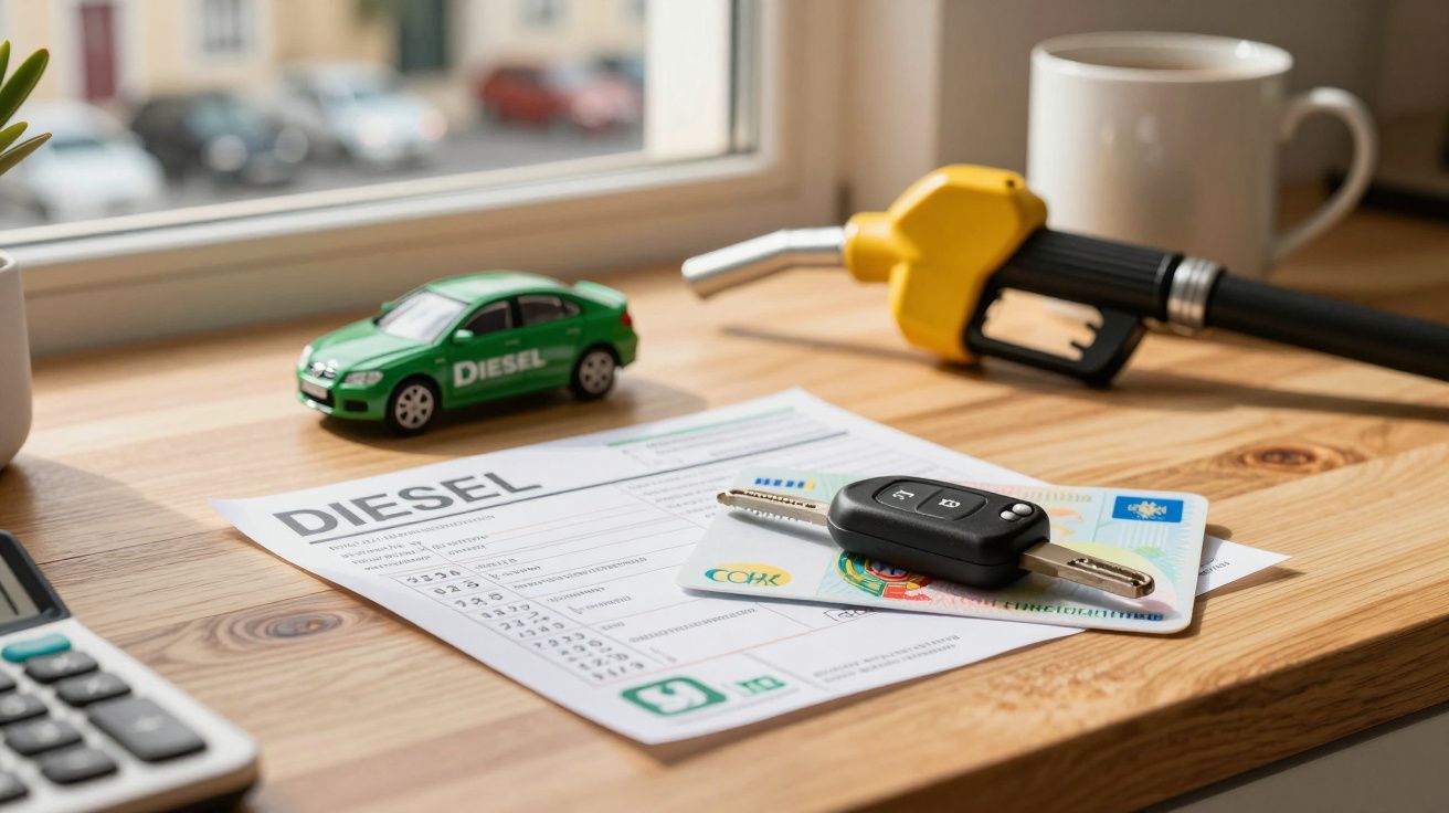 Documento com título "Diesel", chave de carro, cartão de condutor, miniatura de carro verde e bico de combustível amarelo num