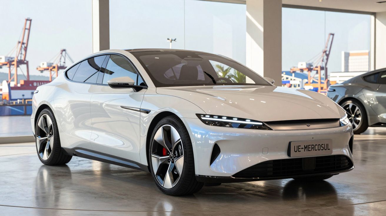 Carro elétrico branco estacionado em espaço interior com janelas grandes e vista para porto marítimo.