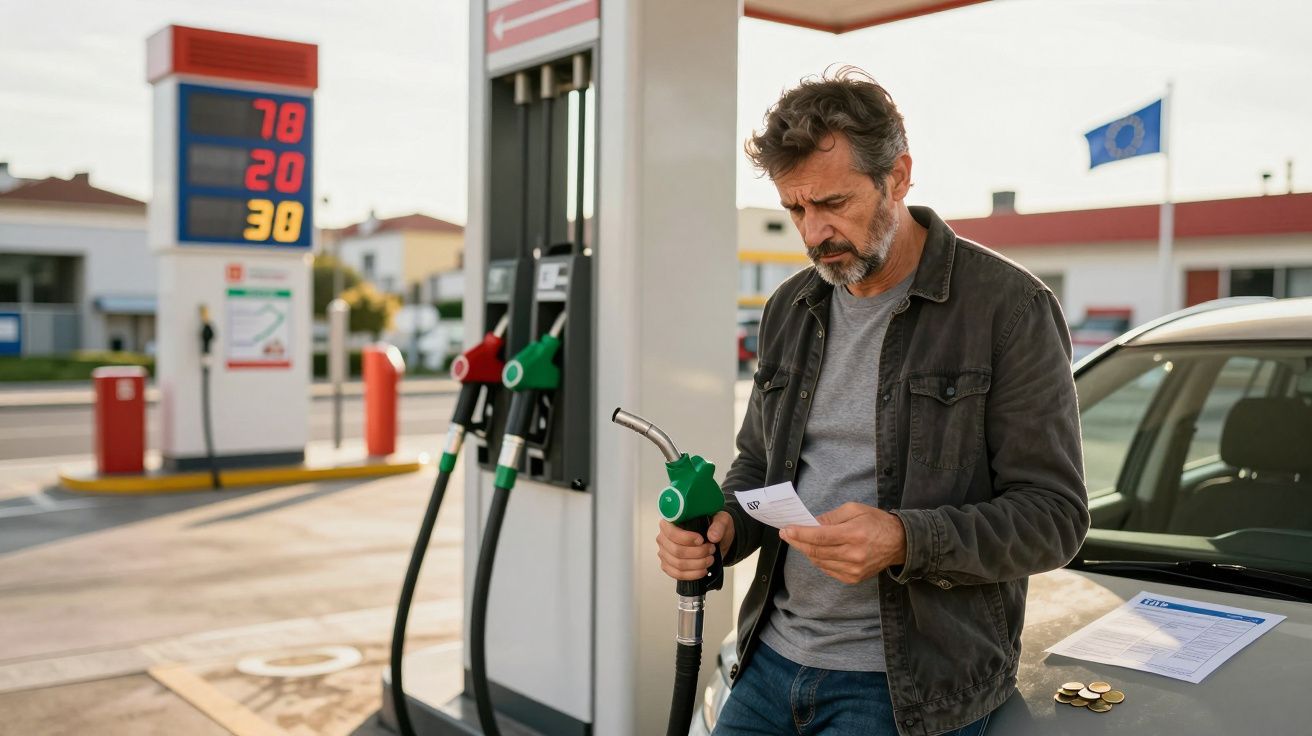 Homem preocupado com conta antes de abastecer carro numa bomba de gasolina.