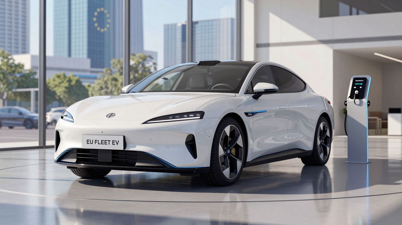 Carro elétrico branco estacionado em espaço moderno com estação de carregamento ao lado.