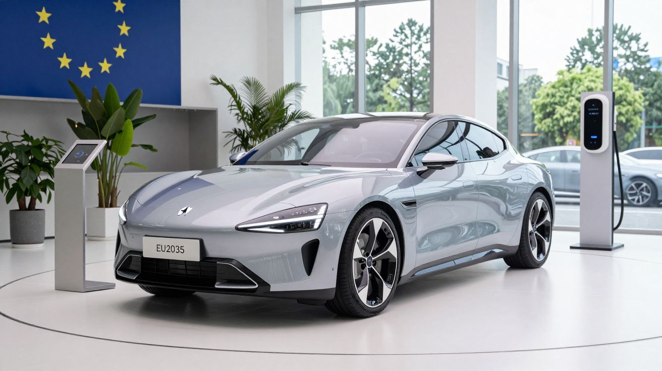 Carro elétrico cinzento moderno exposto com estação de carregamento e bandeira da União Europeia ao fundo.