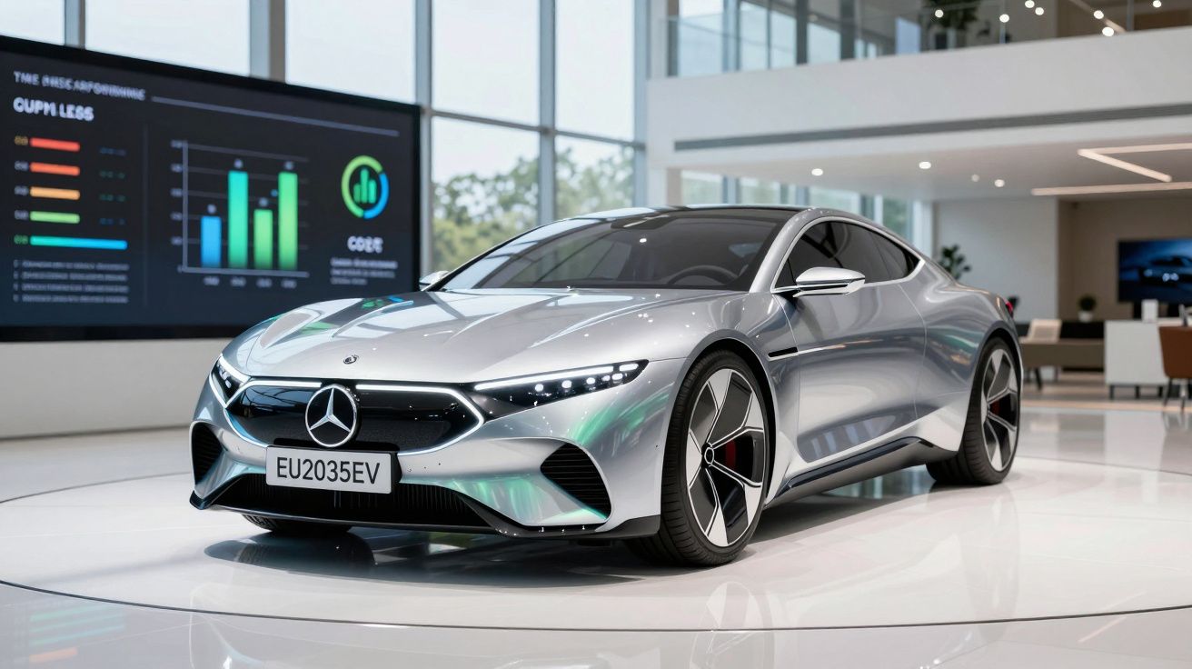 Carro desportivo elétrico prateado da Mercedes-Benz exposto numa sala moderna e luminosa.