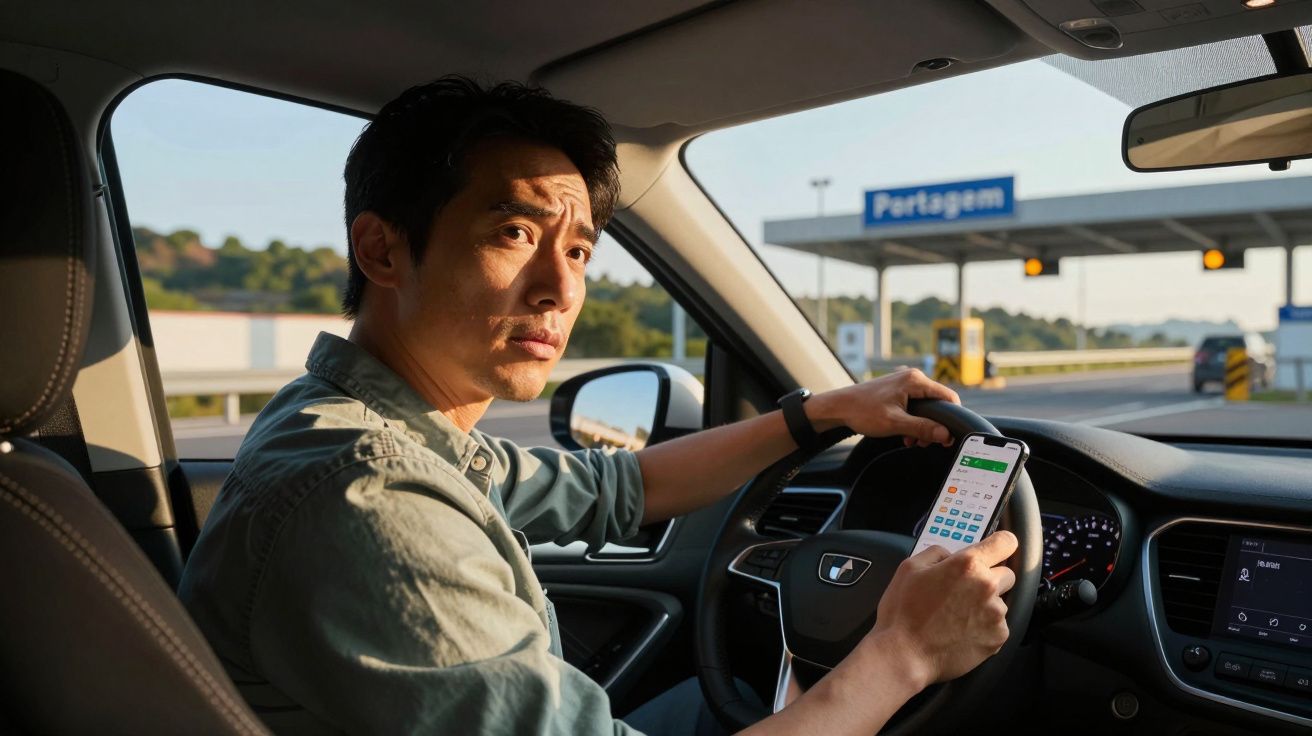 Homem ao volante de carro consulta telemóvel com aplicação aberta, perto de portagem numa autoestrada.