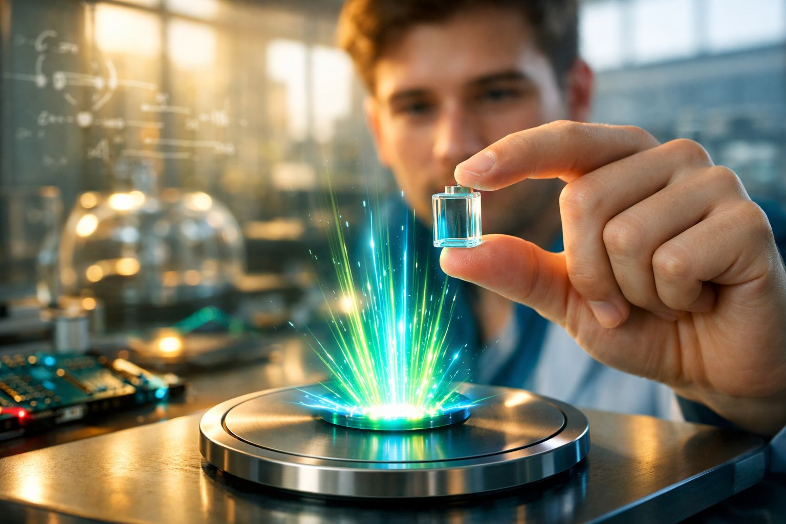 Homem a segurar pequeno frasco transparente sobre dispositivo futurista com luzes verdes e azuis brilhantes.