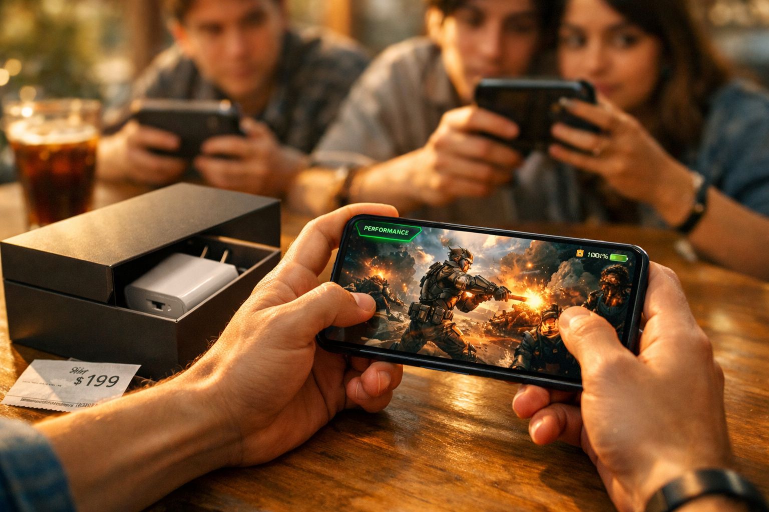 Pessoa a jogar videojogo de ação num smartphone com outras pessoas ao fundo a fazerem o mesmo.