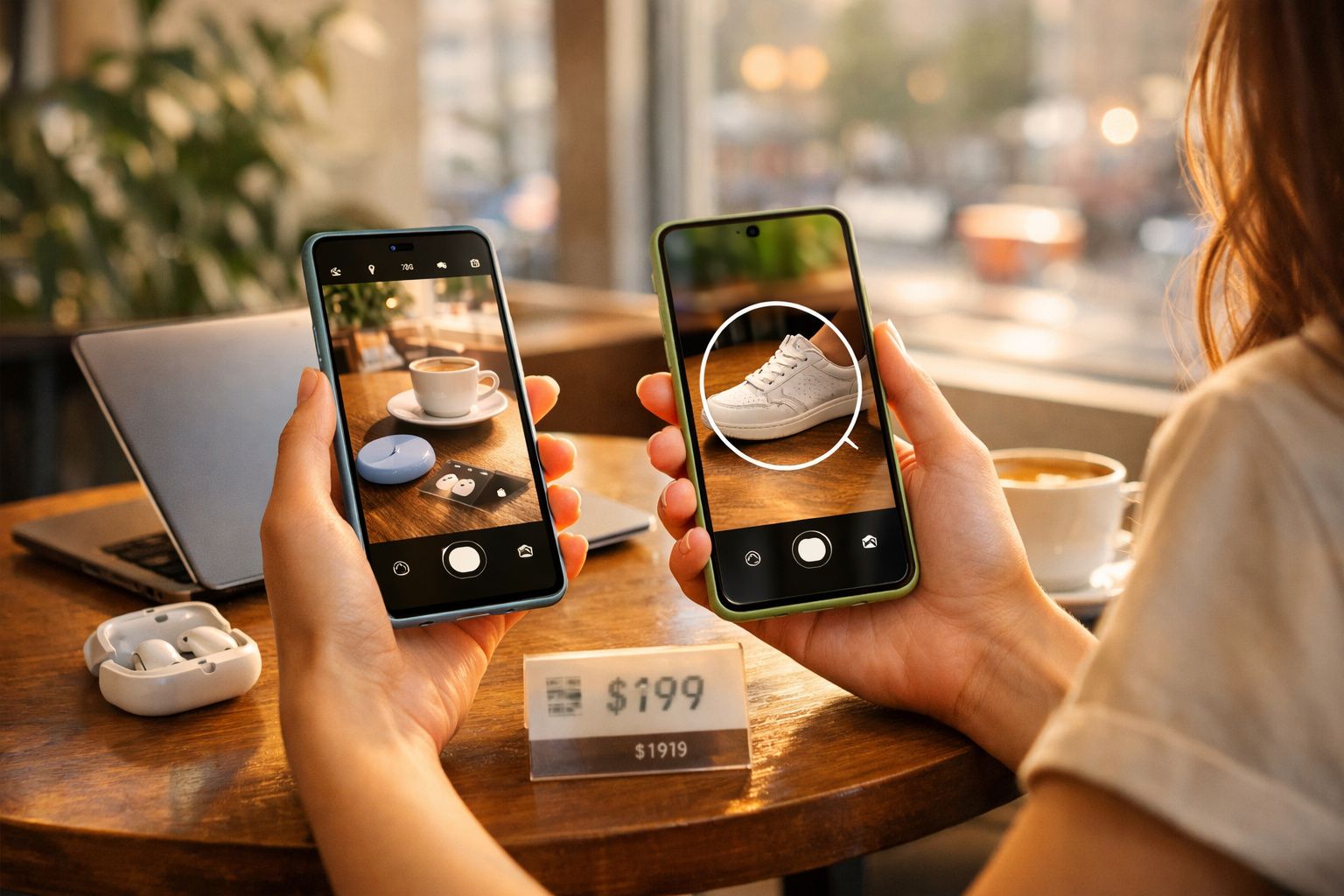 Pessoa a segurar telemóveis a fotografar uma chávena de café e um ténis branco num café com vários objetos na mesa.