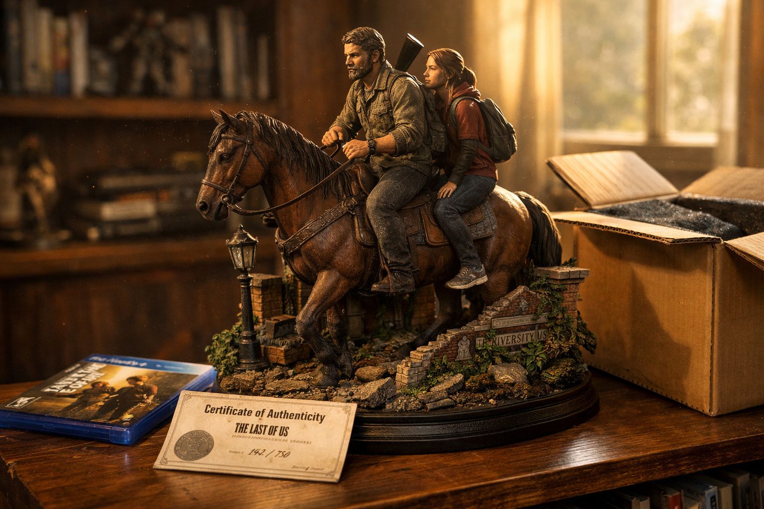Estatueta detalhada de duas personagens a cavalo baseada em The Last of Us, com certificado de autenticidade e caixa ao lado.