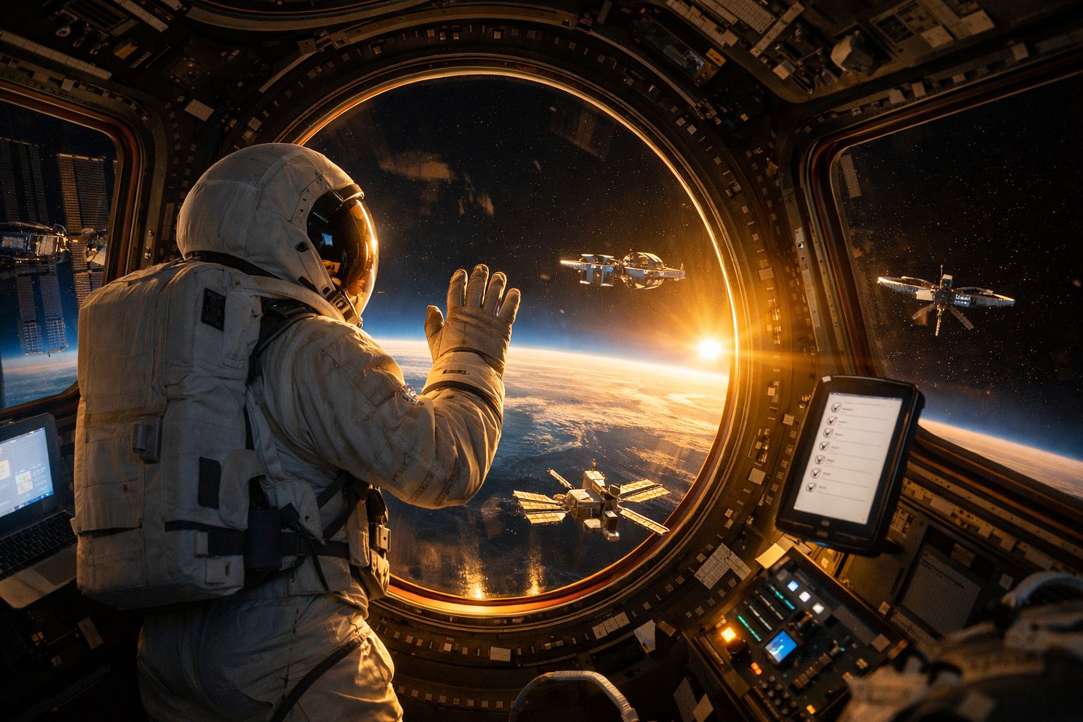 Astronauta dentro da estação espacial acena para outras naves com a Terra e o nascer do sol ao fundo.