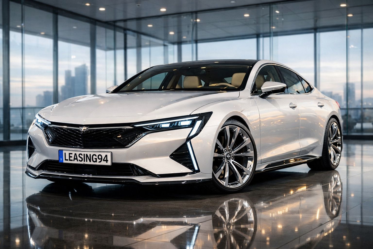 Carro elétrico branco de quatro portas estacionado num piso de vidro com reflexo, numa sala moderna com janelas grandes.