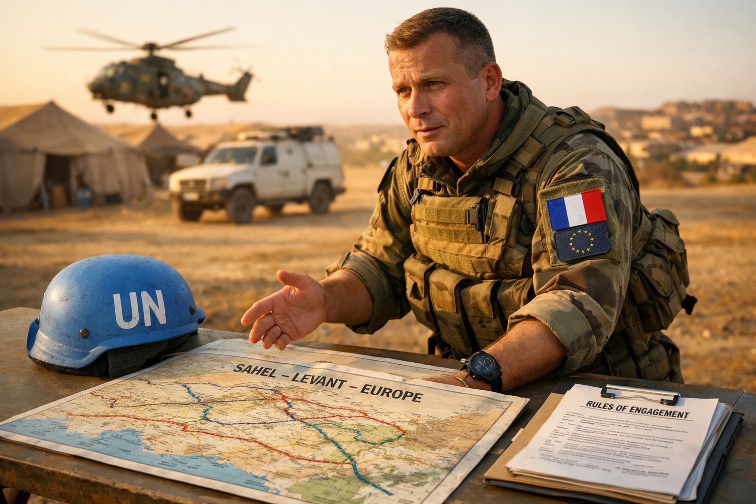 Soldado francês numa base militar com capacete da ONU, mapa e documento sobre regras de engajamento.