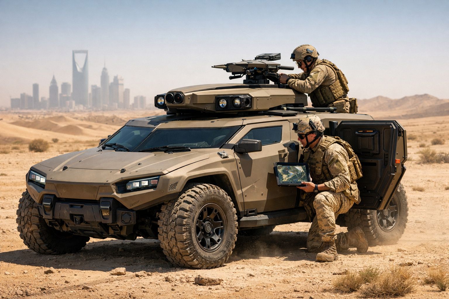 Soldados em uniforme militar interagem com veículo tático blindado árido com cidade ao fundo.