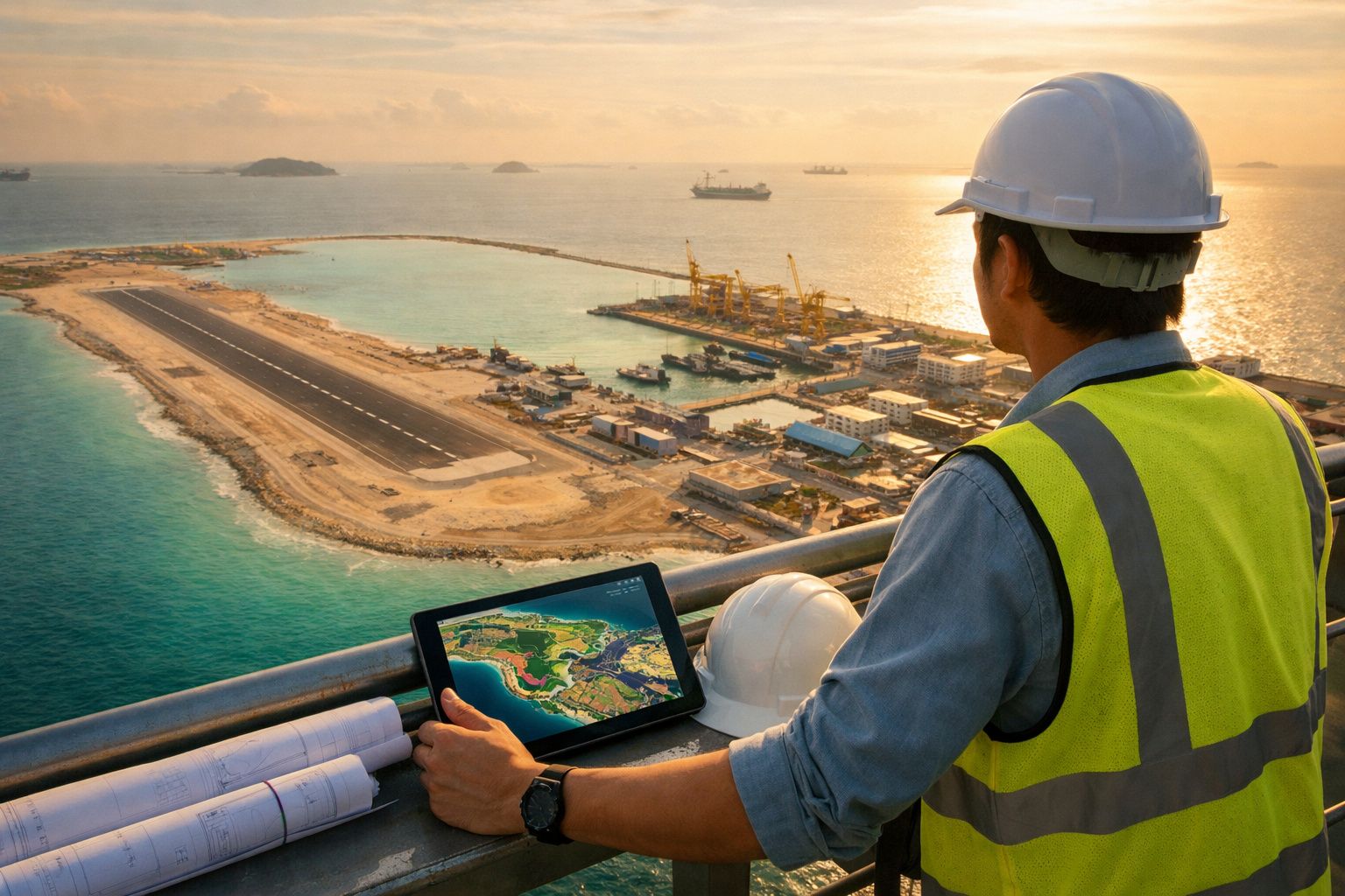 Engenheiro de construção com colete e capacete a observar obra costeira e ilha artificial ao pôr do sol.
