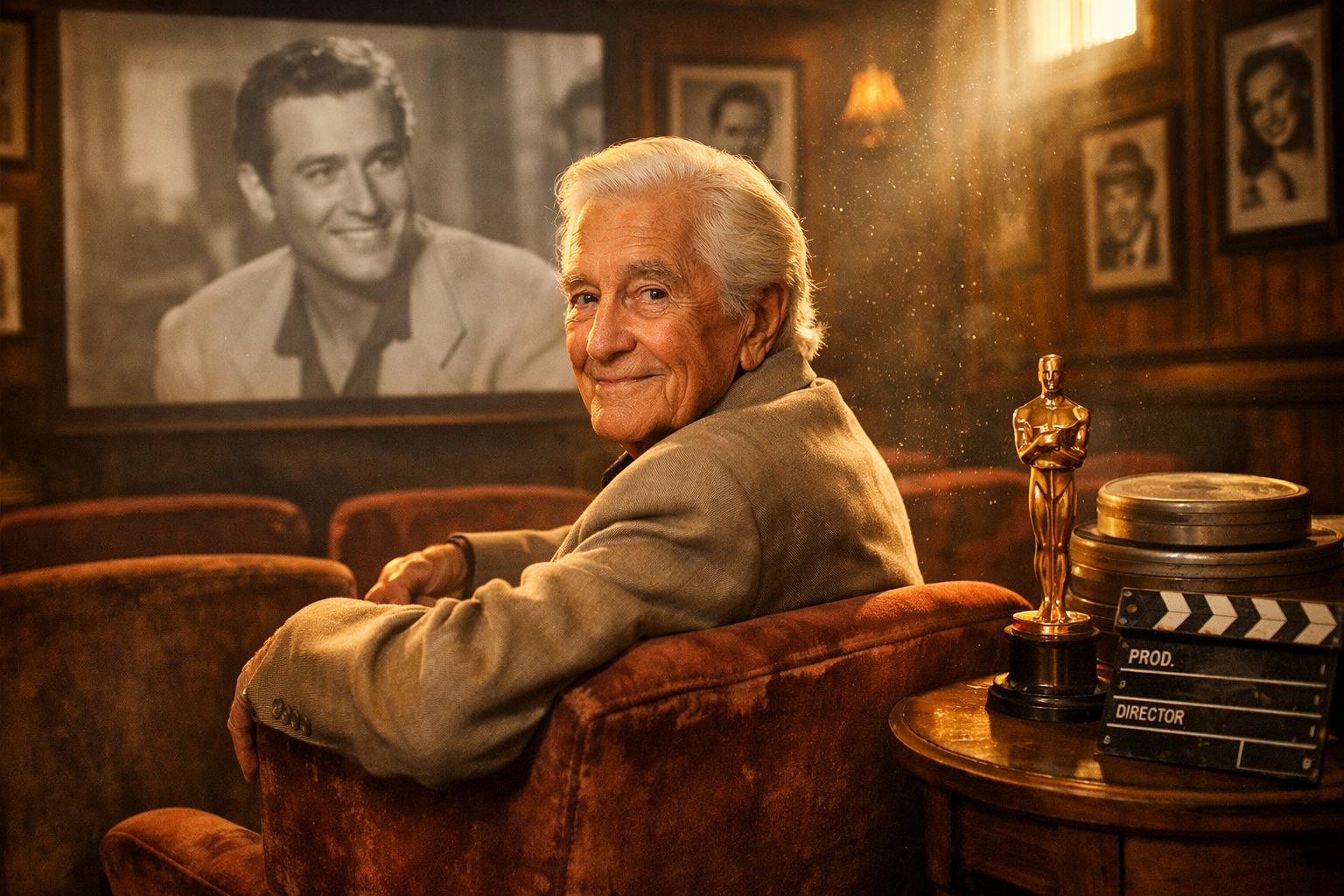 Homem idoso sentado em poltrona num ambiente vintage com estatueta de cinema e fotografias de atores clássicos.
