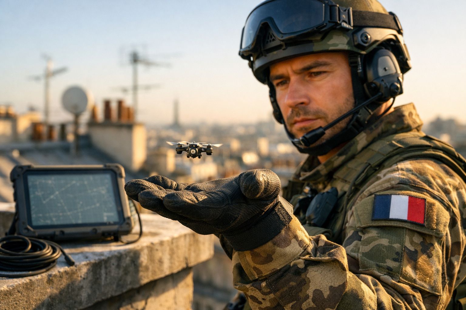 Militar francês em uniforme camuflado controlando um drone pequeno com mesa de controlo ao fundo na cidade.